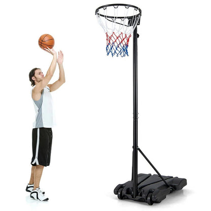 Netball hoop and stand set showing full height adjustment