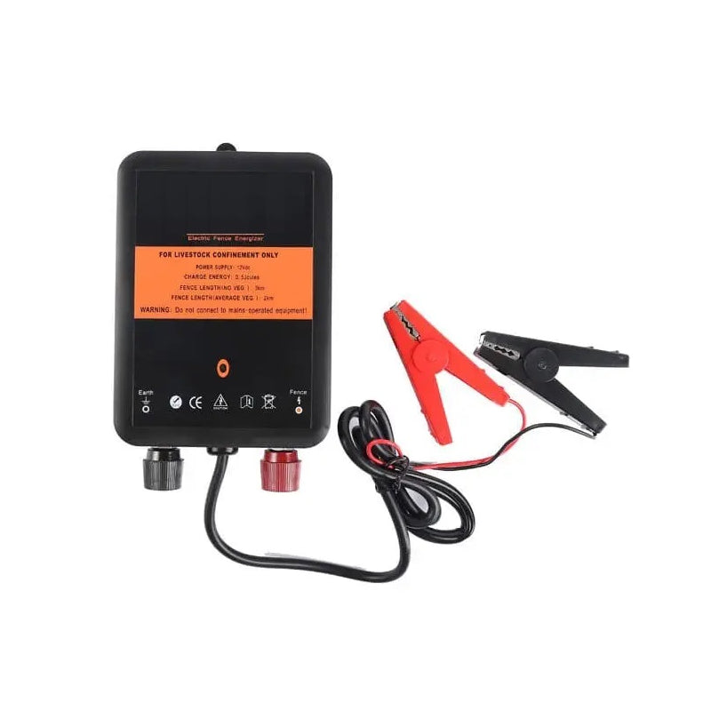 Electric fence energiser 12V battery powered front view with weatherproof case