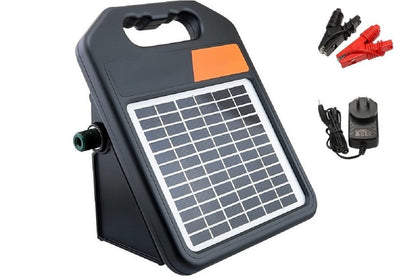 Side view of solar fence energiser with solar panel attached
