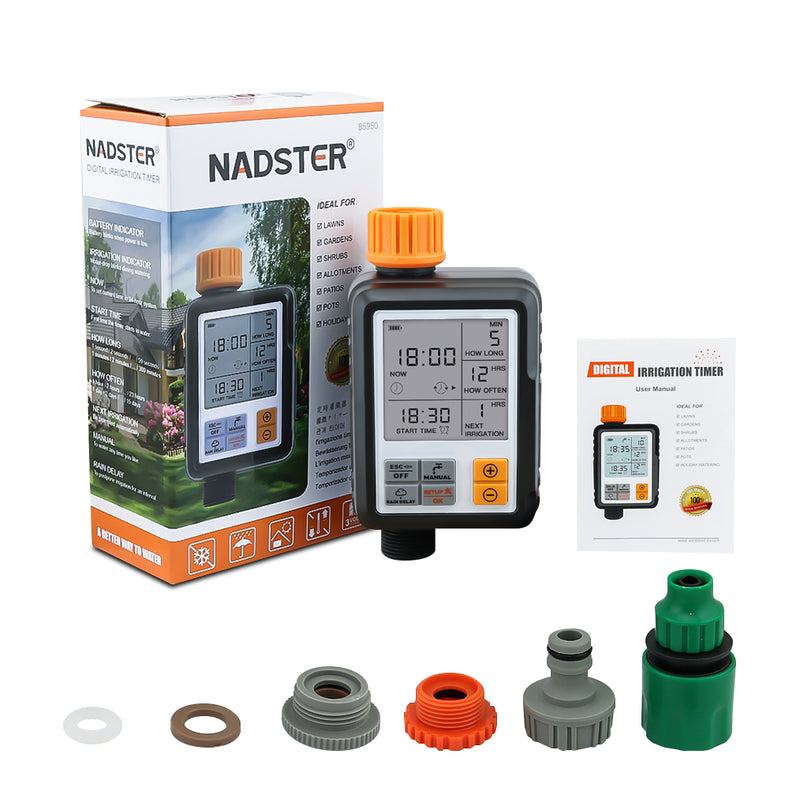 Water irrigation timer digital showing large LCD screen and settings