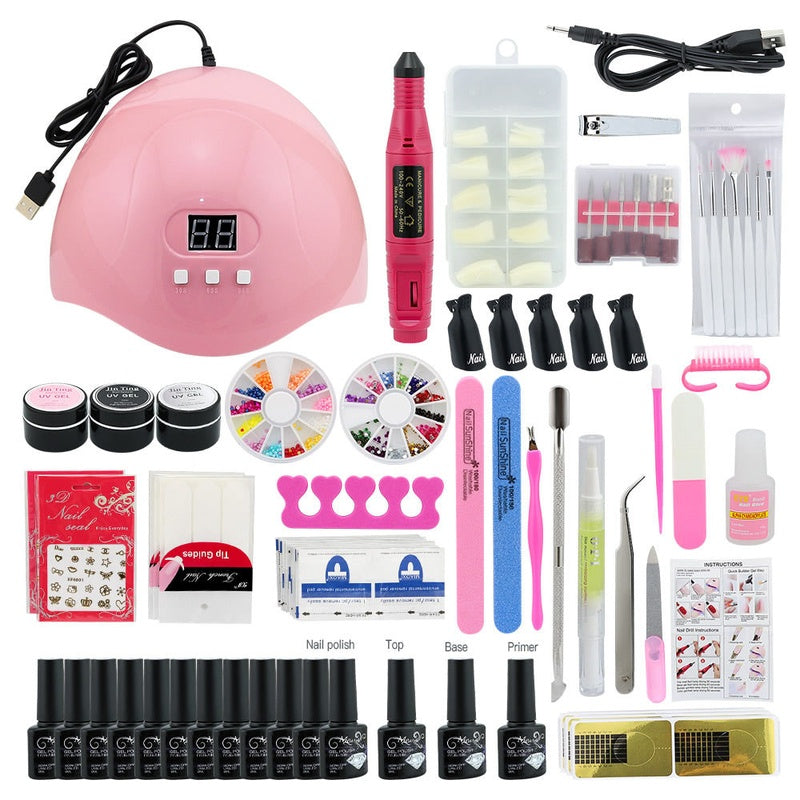 Gel nail polish kit with 10 colour bottles displayed