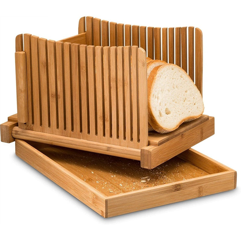 Bamboo bread slicer showing adjustable slicing guide in natural finish