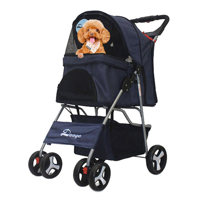 Foldable pet stroller in dark blue showing front view