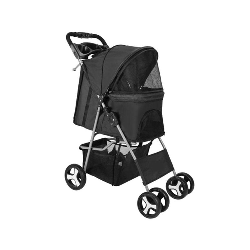 Pet stroller 4 wheels black colour side view with mesh