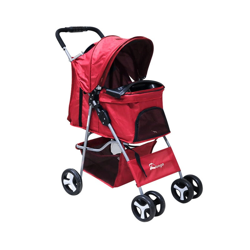 Foldable pet stroller red colour with steel frame side view