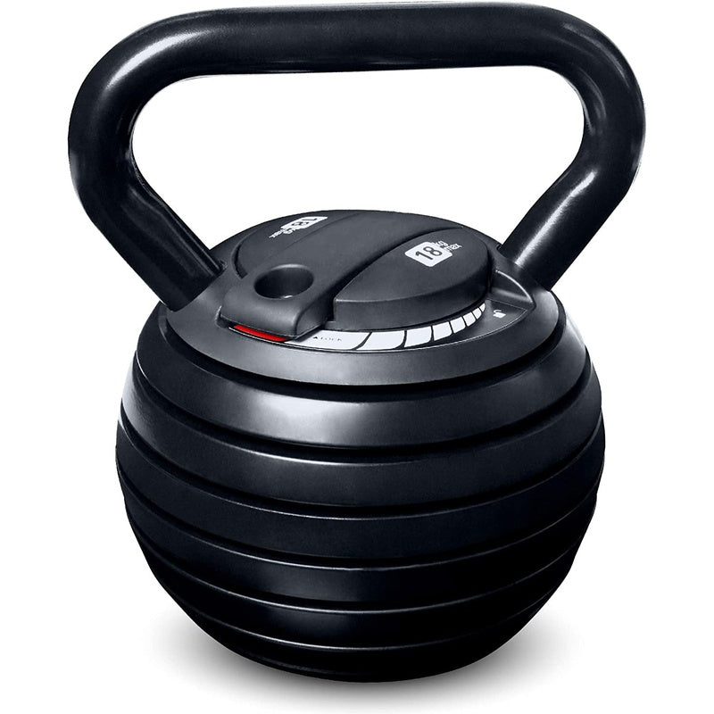 Adjustable kettlebell showing 18kg weight setting in black