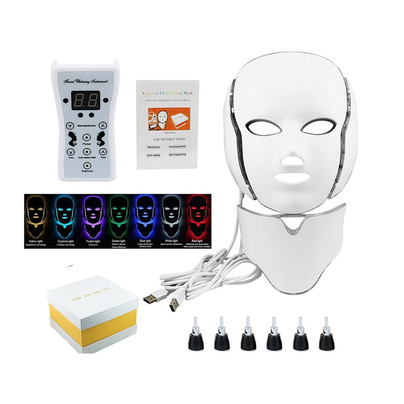 LED light therapy face mask showing 7 colour light options