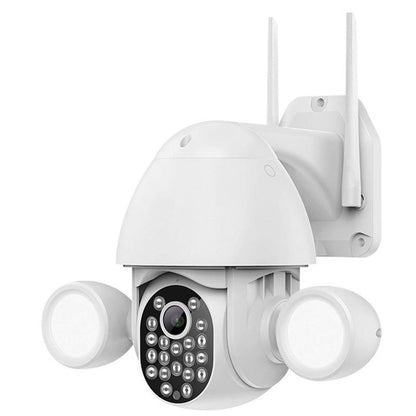 Wireless outdoor security camera showing front view with floodlight