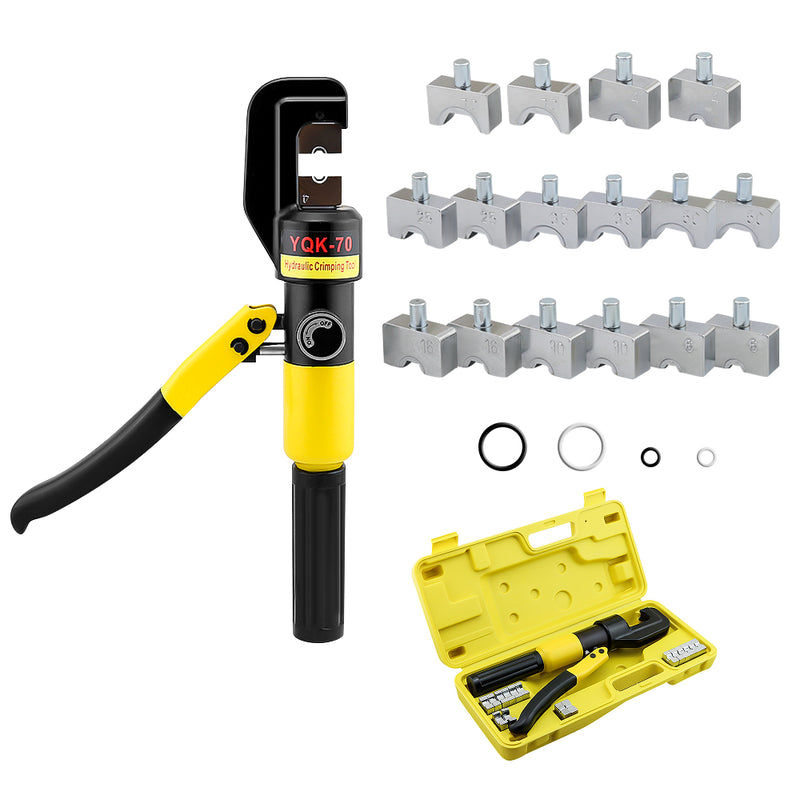 Hydraulic crimping tool showing 8 dies set in case