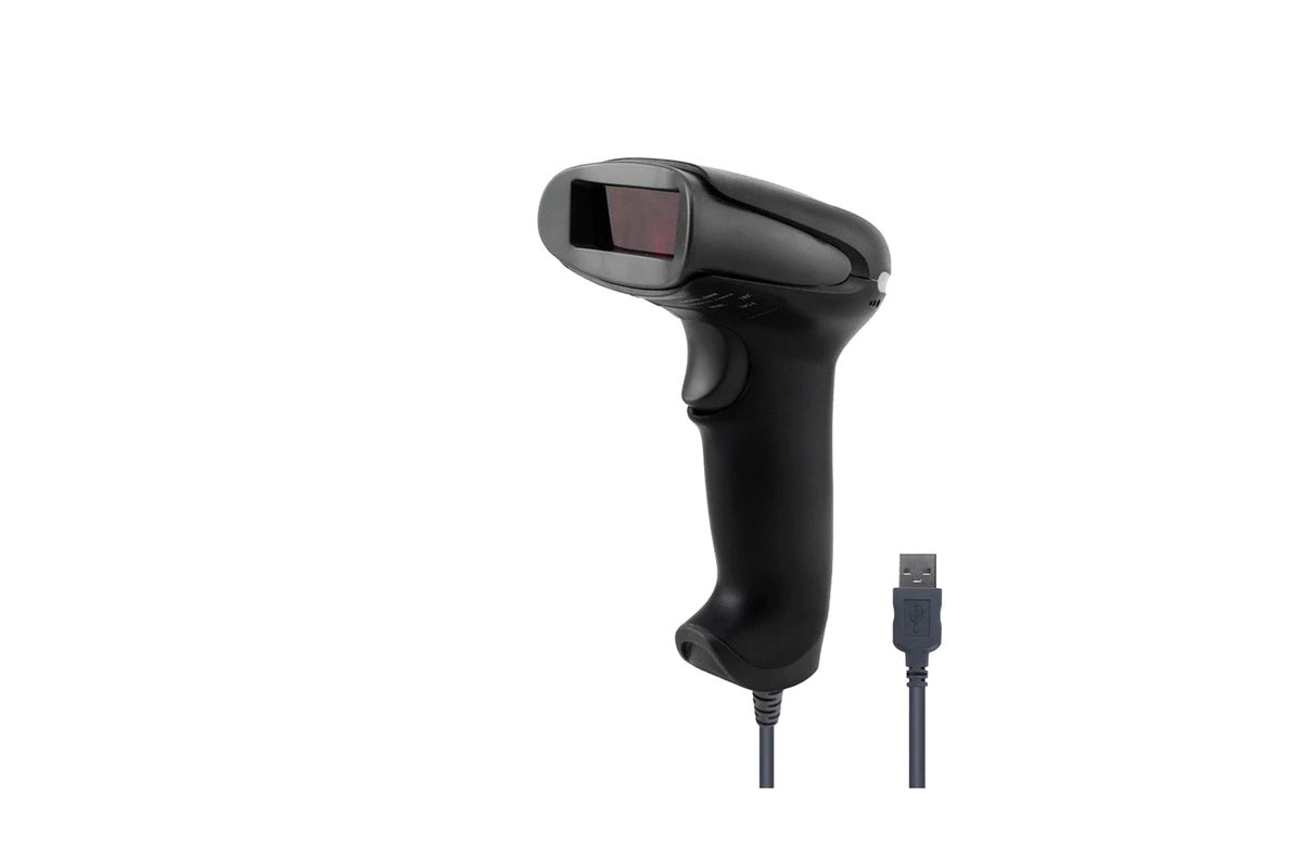 Close up of barcode scanner laser window and trigger button
