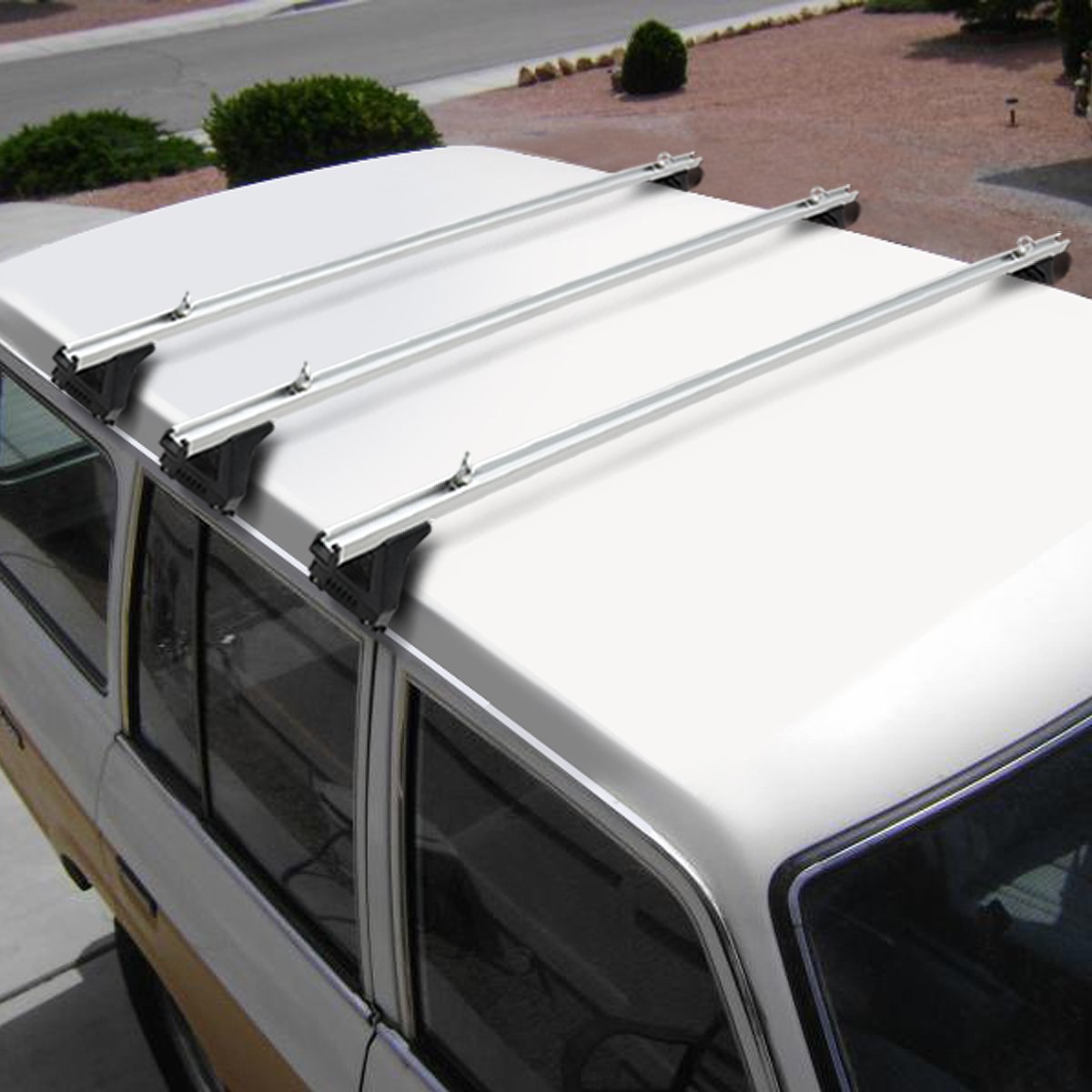 Car roof rack cross bar showing heavy-duty metal legs