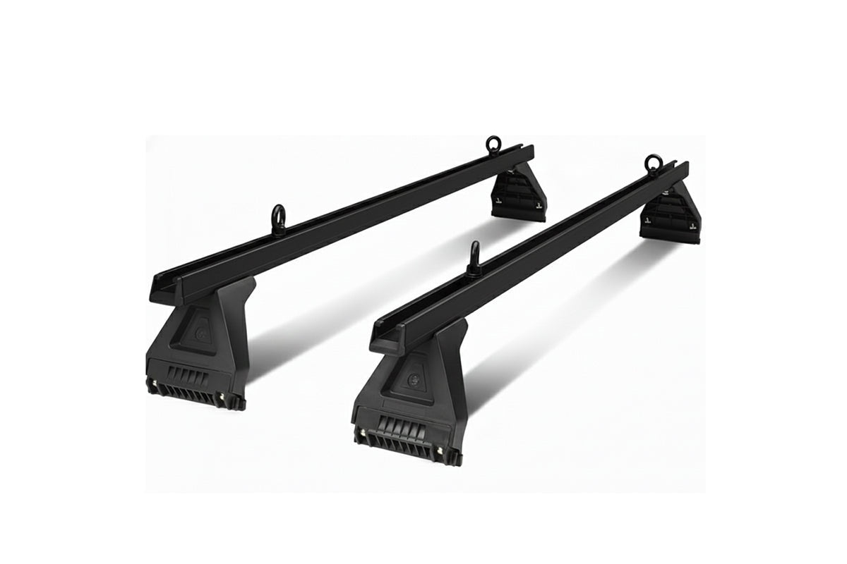 Close-up of car roof rack cross bar mounting leg in black plastic