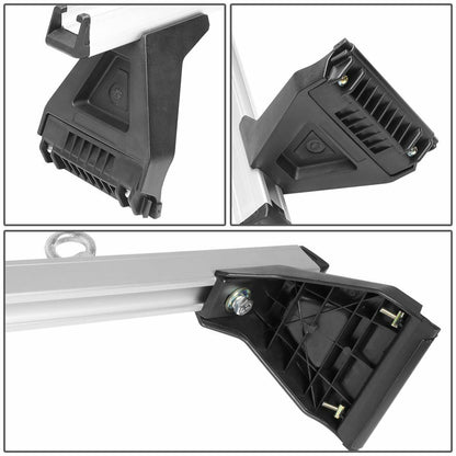 Top view of car roof rack cross bar with tie-down straps attached