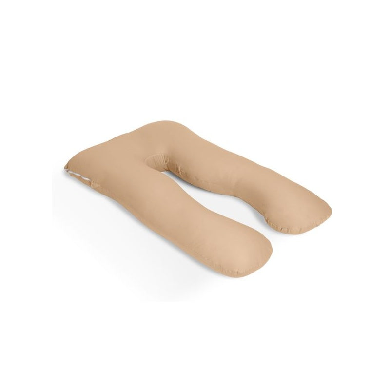 Pregnancy pillow U shape in light camel colour showing full length