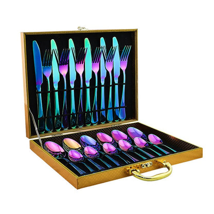 Rainbow gold plated stainless steel cutlery set full view
