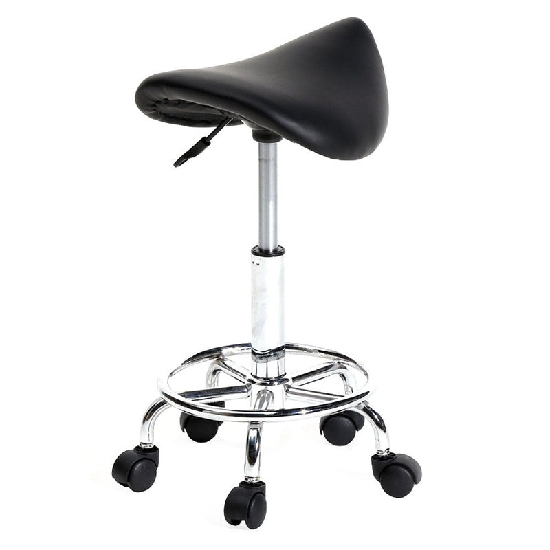 Side view of saddle stool with black PU leather seat