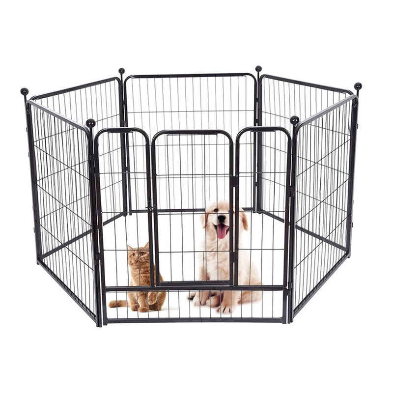 Dog play pen showing foldable black metal panels