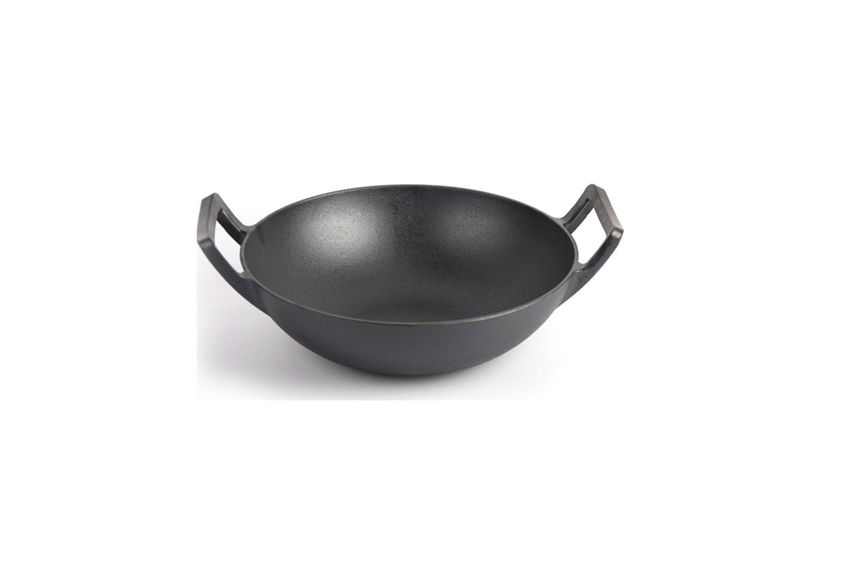 Side angle of cast iron wok pan with deep 11cm depth