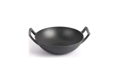 Side angle of cast iron wok pan with deep 11cm depth
