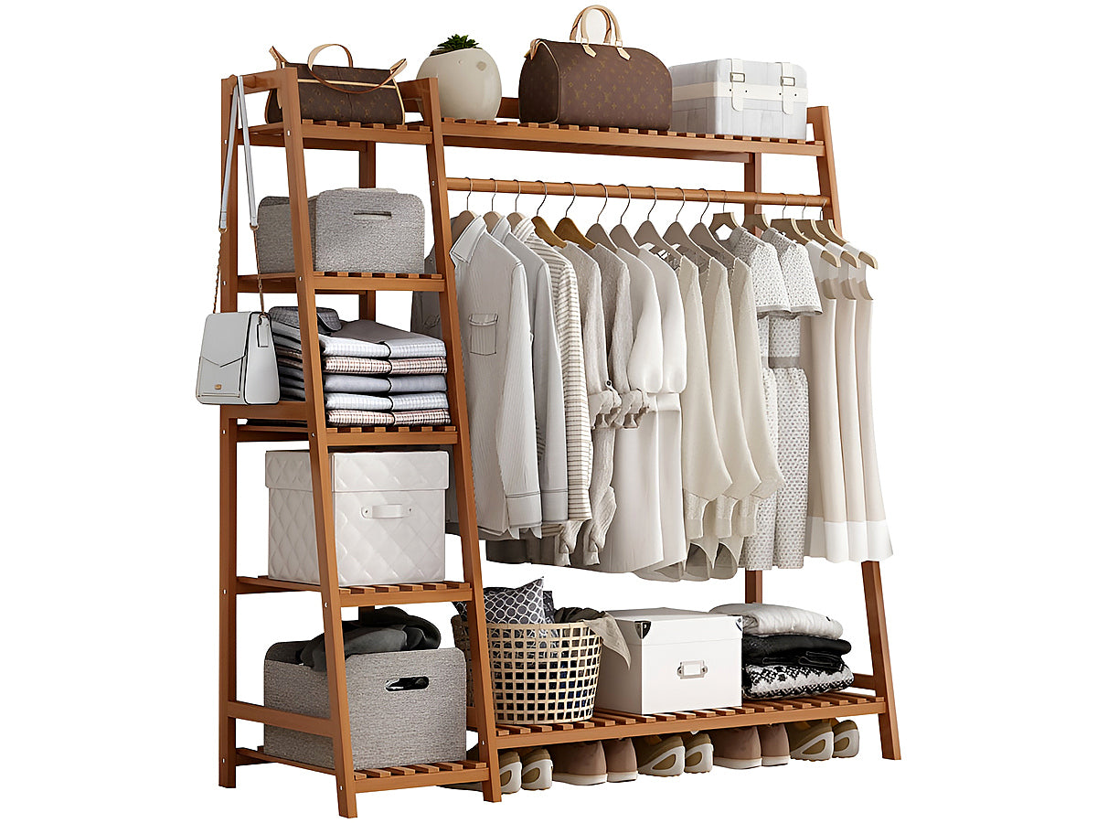 Side view of bamboo clothes rack showing 7 tier storage shelves