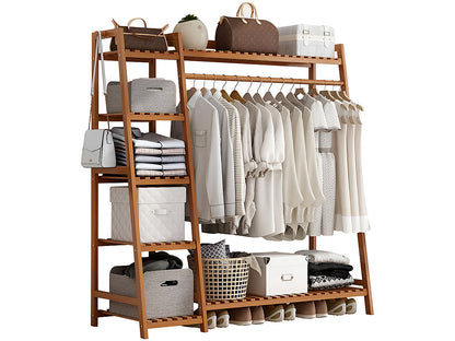 Side view of bamboo clothes rack showing 7 tier storage shelves