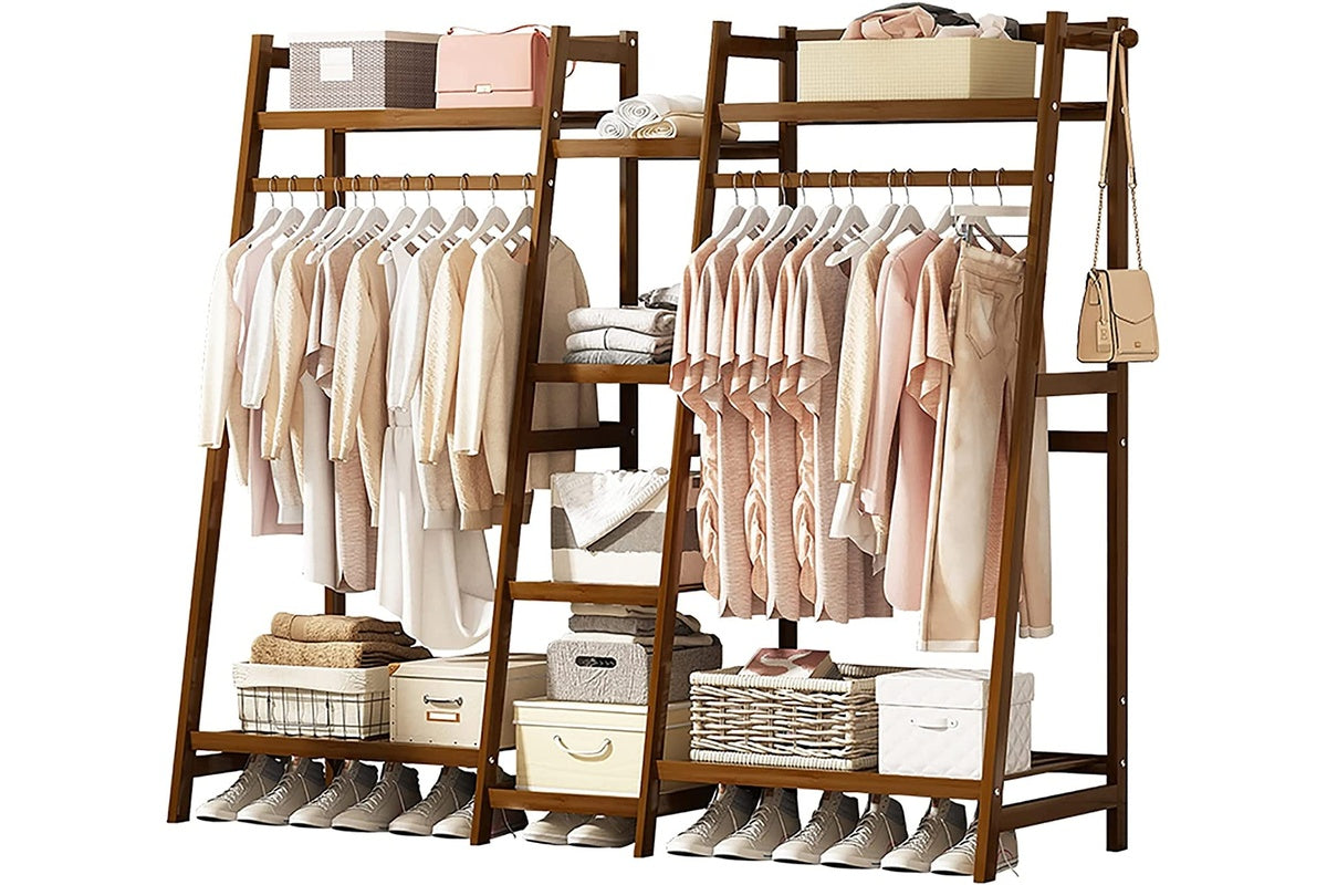 Side view of bamboo clothes rack with hanging rod and shelves