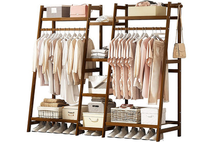 Side view of bamboo clothes rack with hanging rod and shelves