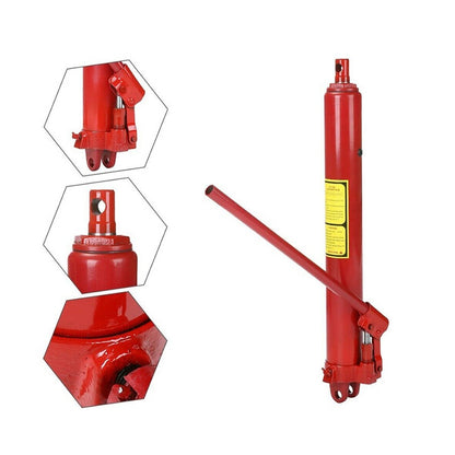 Hydraulic ram 8T long ram jack side view showing red steel casing