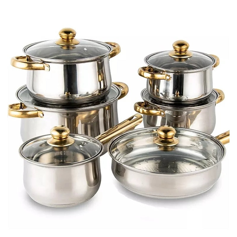 Cookware set showing 12 pieces with gold plated handles