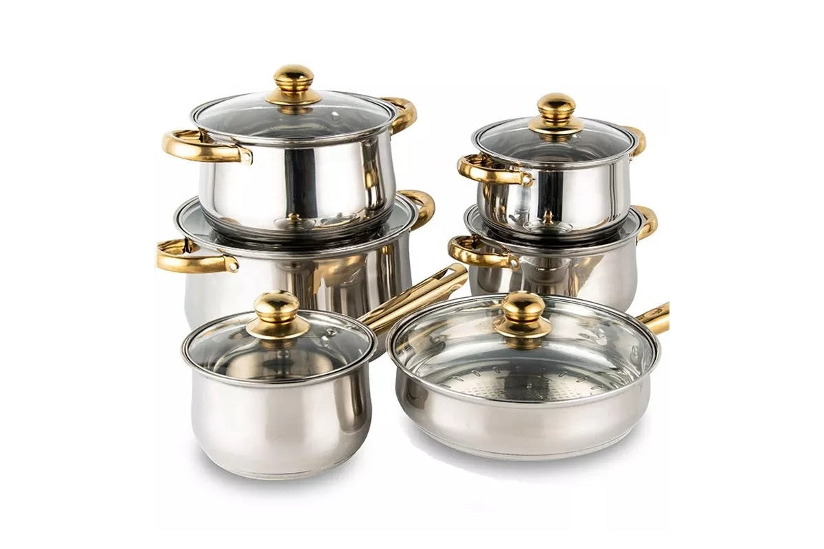 Side view of stainless steel cookware set with tempered glass lids