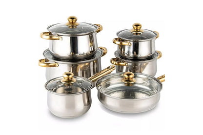 Side view of stainless steel cookware set with tempered glass lids