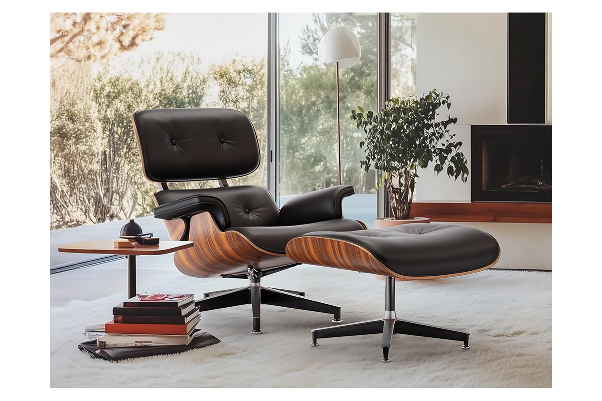 Side view of Replica Eames lounge chair with ottoman in black leather