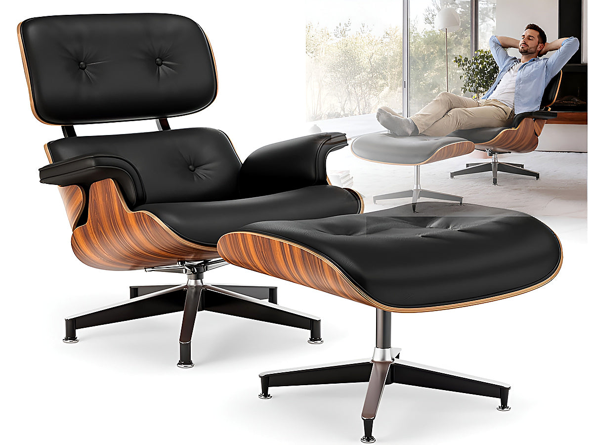 Replica Eames lounge chair showing seven-layer plywood frame