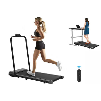 Compact under desk treadmill showing full walking belt in black