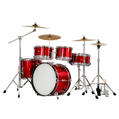 Red kids drum kit set viewed from front with sticks