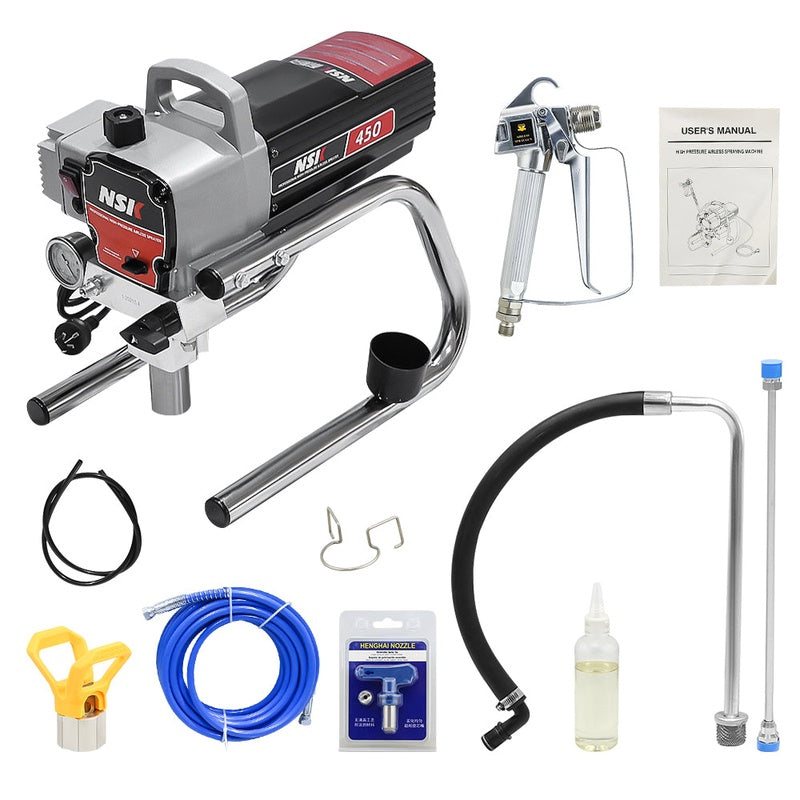 Airless paint sprayer side view showing 1500W motor