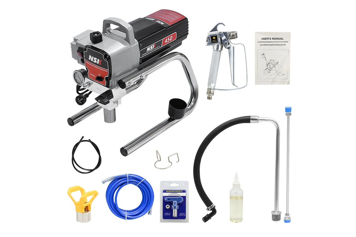 Close-up of airless paint sprayer stainless steel piston pump