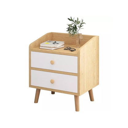 Brown bedside table with two drawers viewed from front