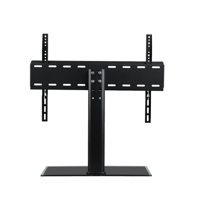 TV bracket TV stand showing black glass base from front angle