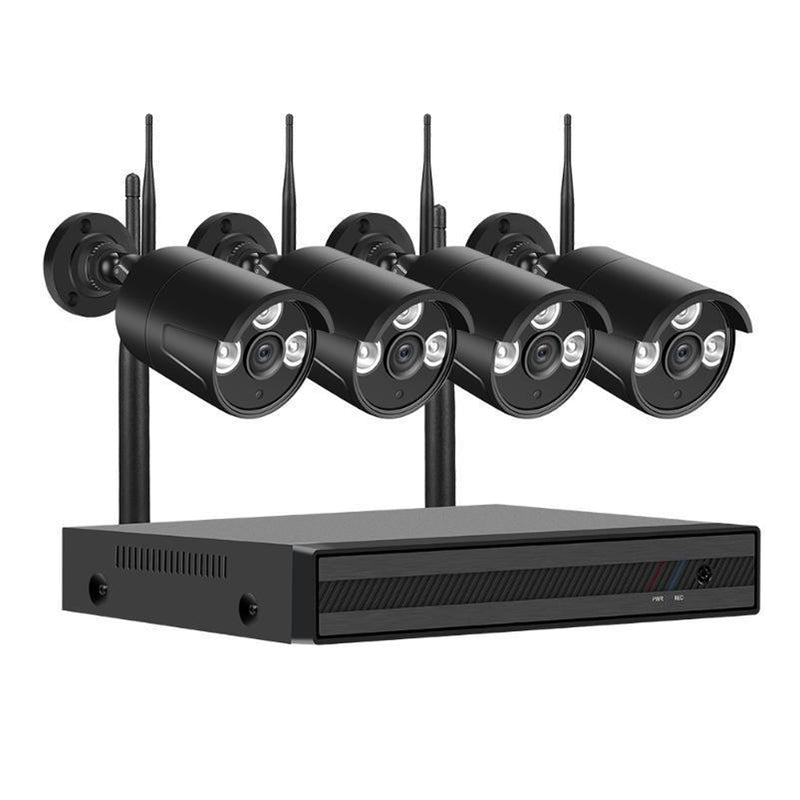 Wireless security camera system front view showing 4 cameras