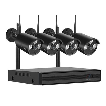Wireless security camera system front view showing 4 cameras