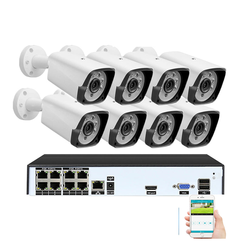 Security camera system front view showing 8 cameras in black