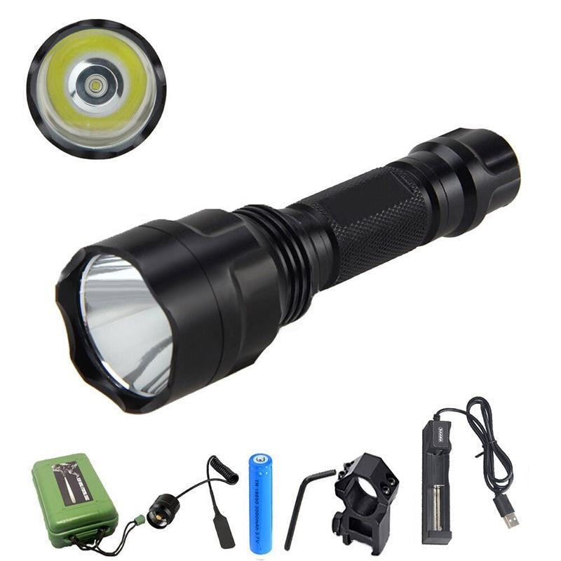 Tactical torch light showing black aluminium body