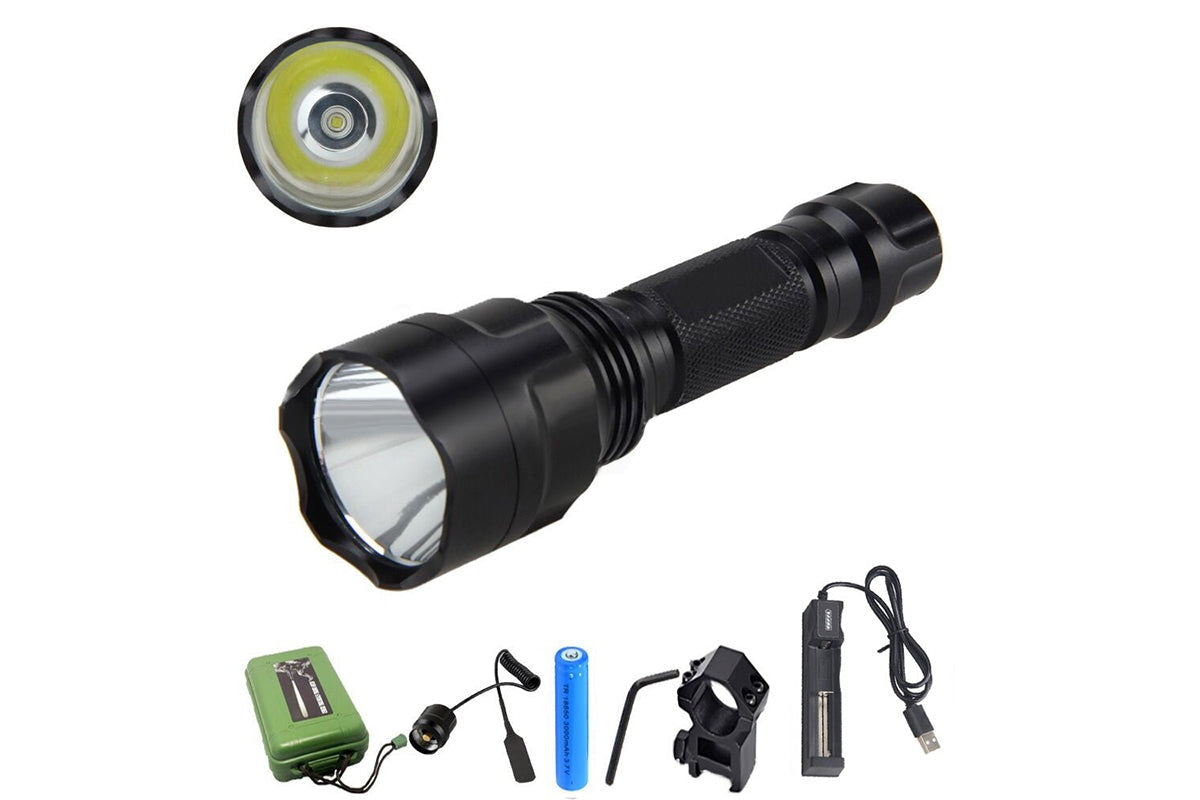 Close up of tactical torch light tail push switch