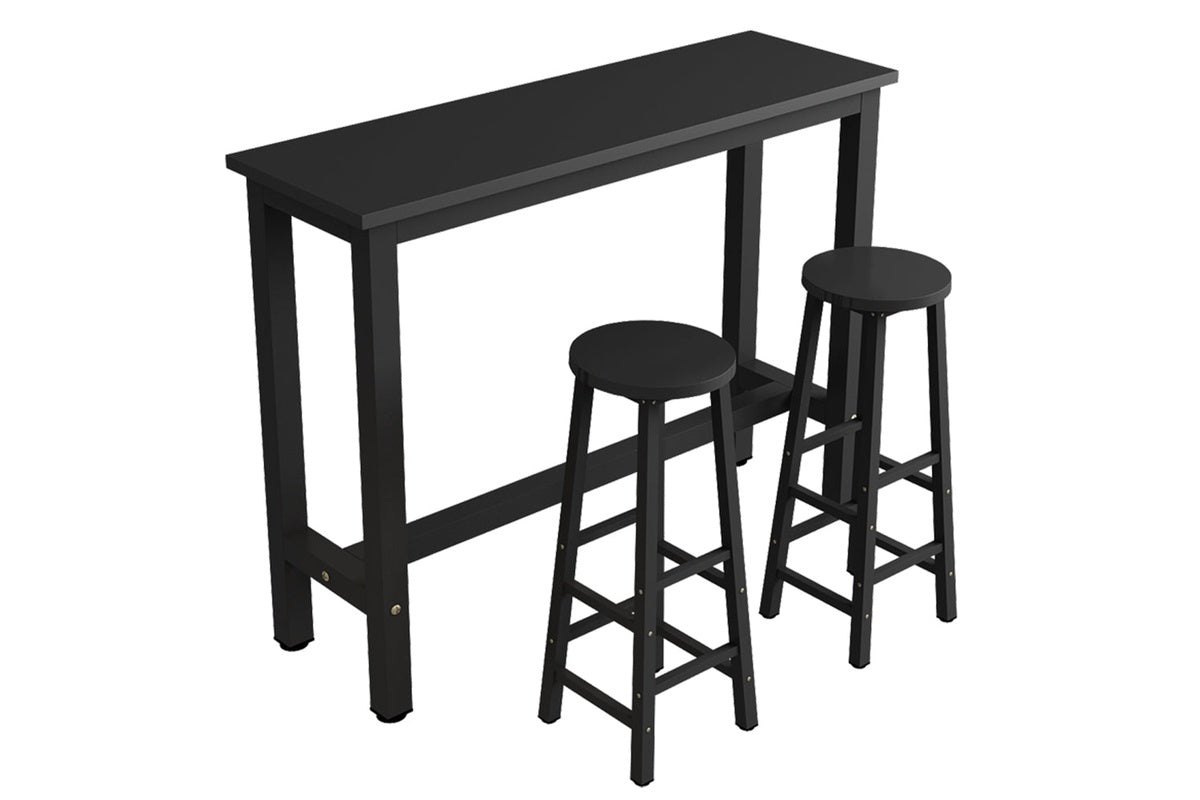 Close up of bar table set with bar stools footrest detail in wood