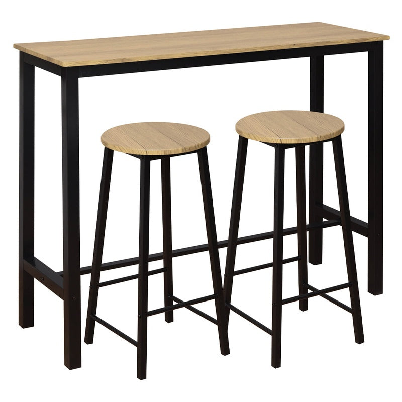 Bar table set with bar stools showing wooden tabletop and frame