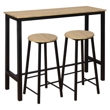 Bar table set with bar stools showing wooden tabletop and frame