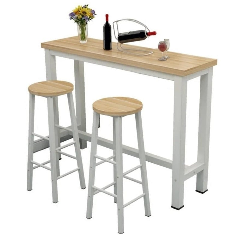 Bar table and bar stools set showing wooden tabletop and stools