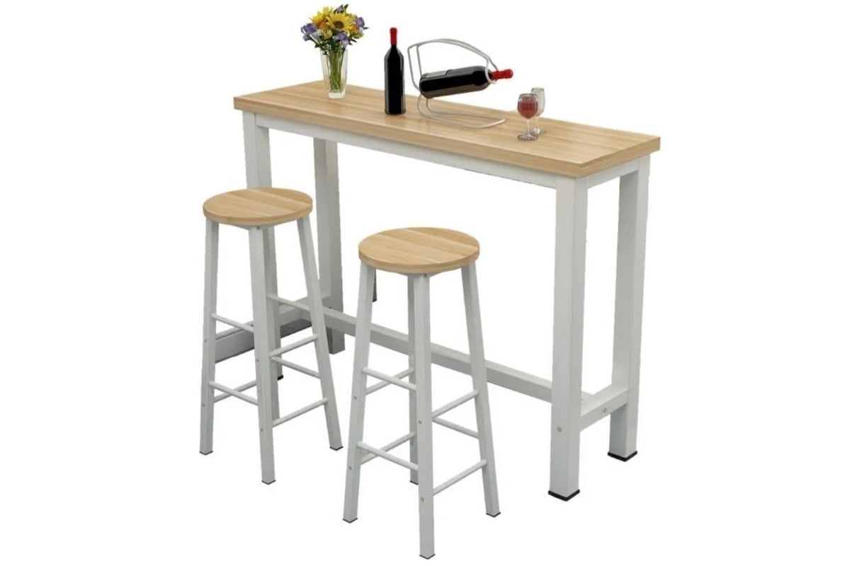 Side view of bar table with sturdy wooden frame and footrest