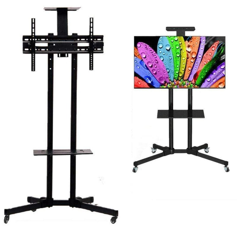 TV stand with wheels showing front view in black steel